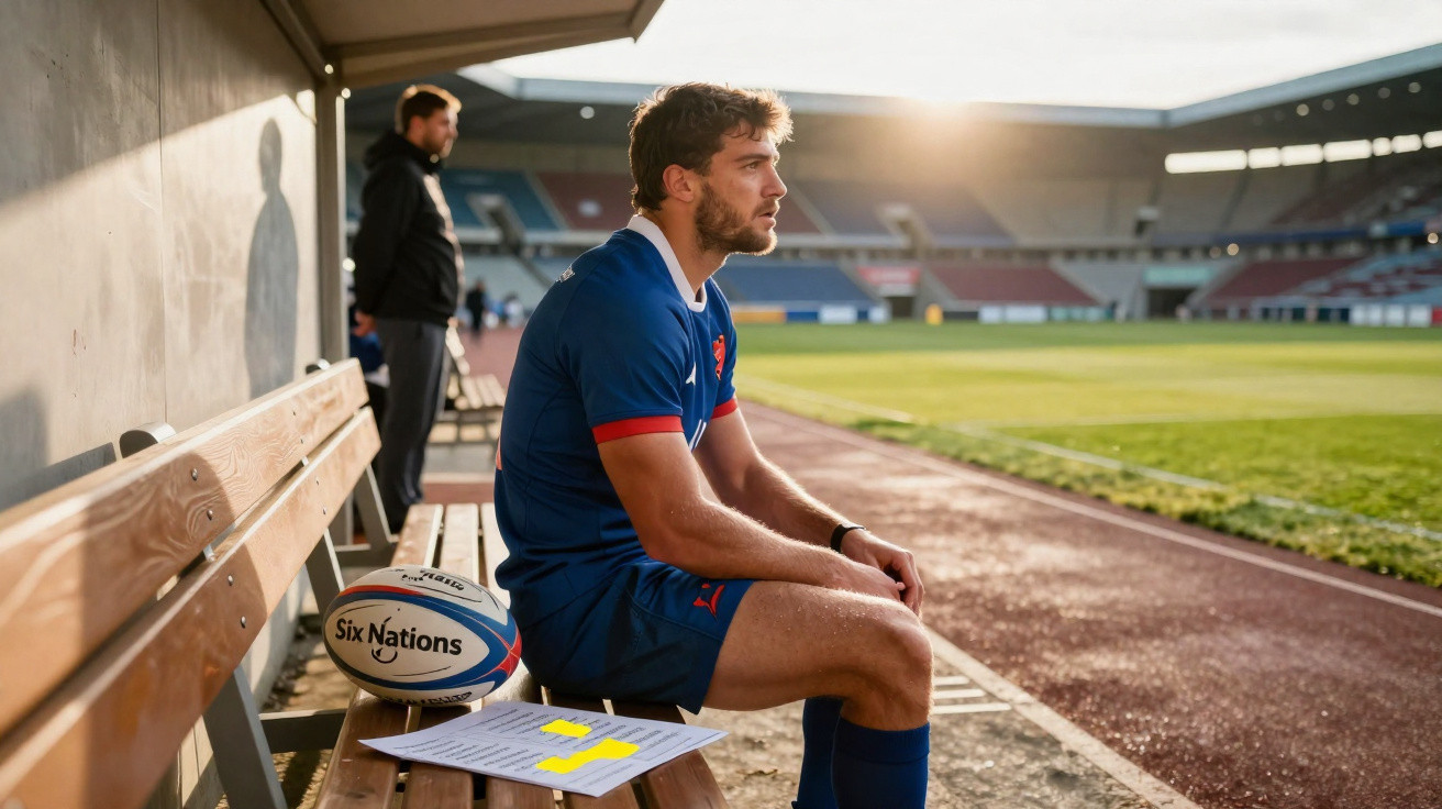 Jogador de rugby sentado no banco do estádio, vestido com uniforme azul e bola Six Nations ao lado.