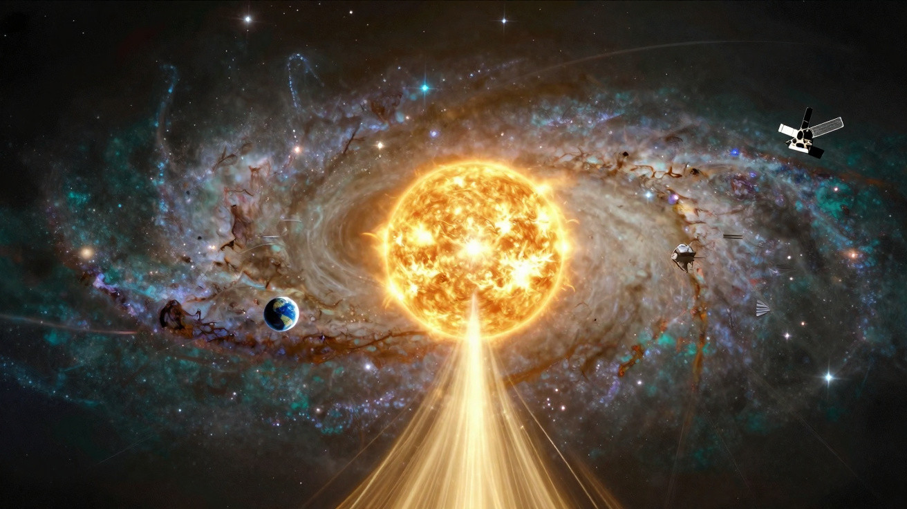 Sol brilhante no centro de uma galáxia espiral com a Terra e satélites no espaço próximo.