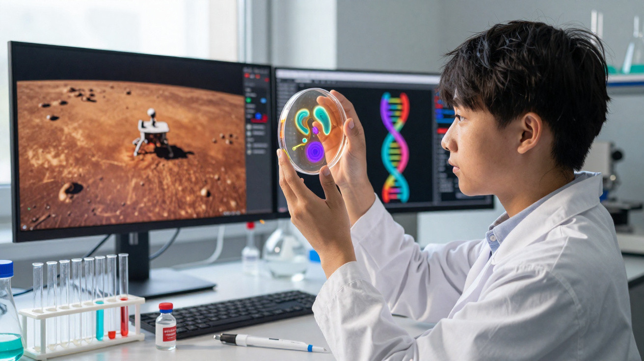 Cientista a observar cultura em placa de Petri com ecrãs de Marte e ADN ao fundo num laboratório.