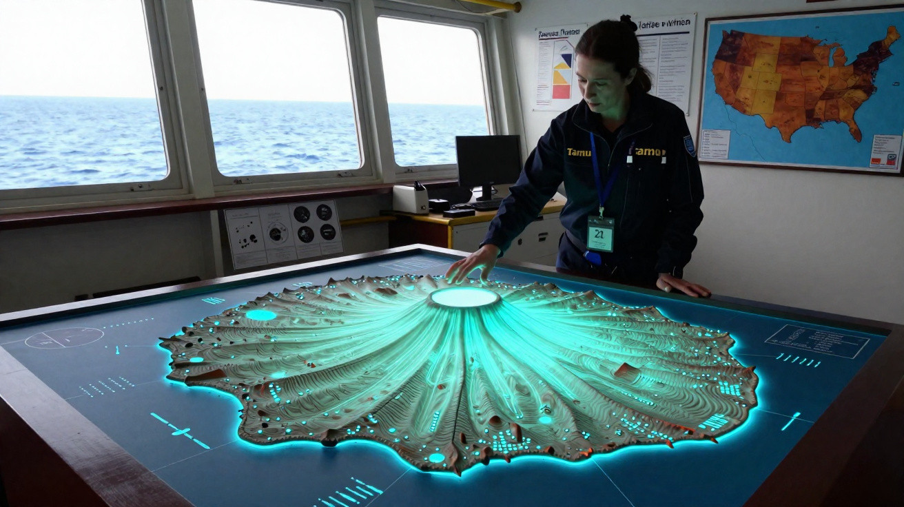 Mulher a interagir com mesa digital iluminada com padrões tridimensionais dentro de cabine com vista para o mar.