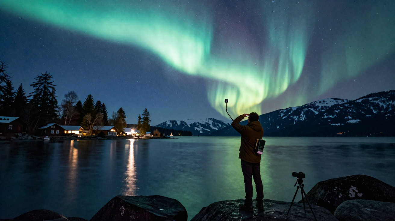 Pessoa a fotografar a aurora boreal junto a um lago com montanhas e casas iluminadas à noite.