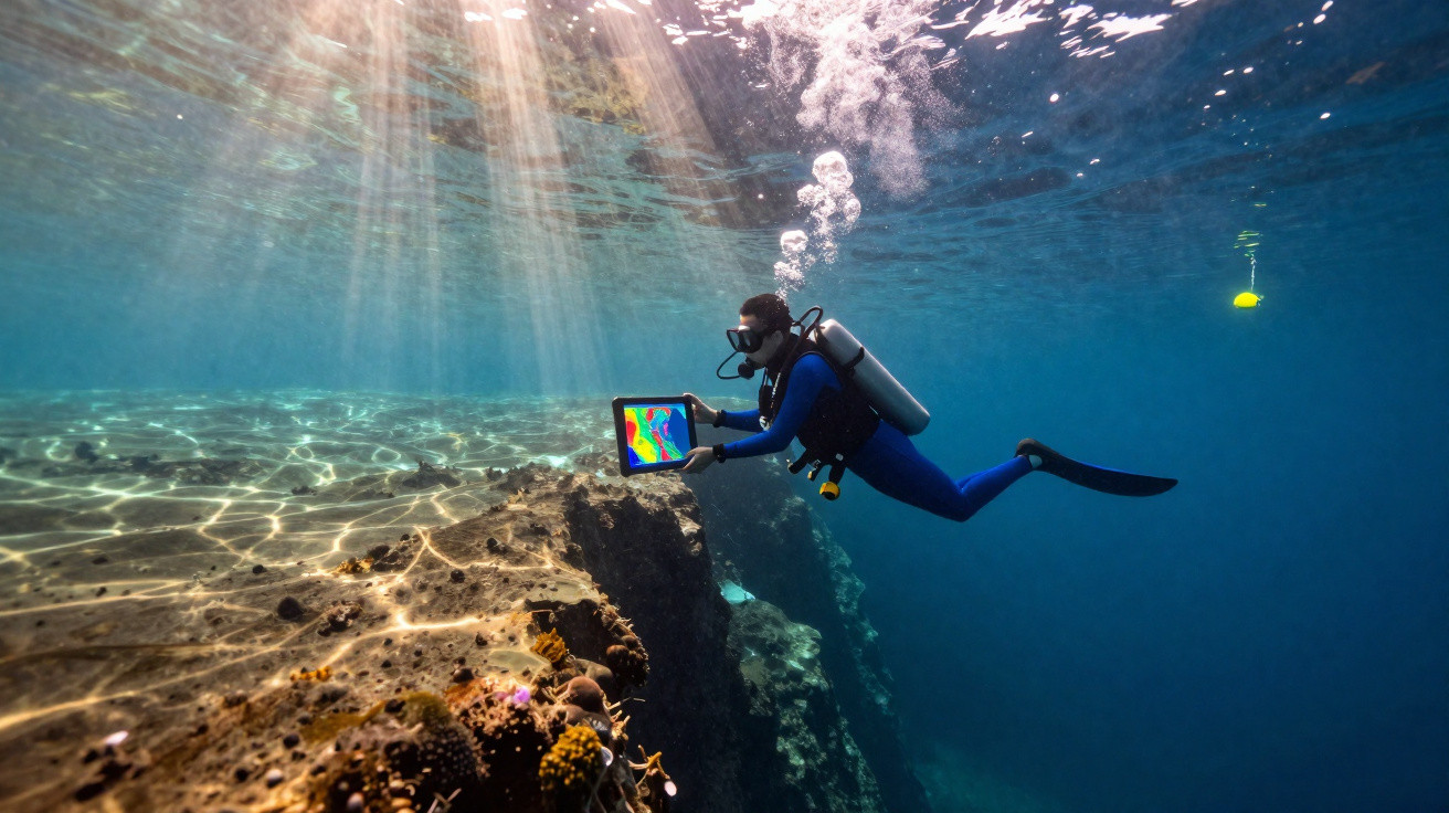 Mergulhador com fato azul usa tablet para analisar dados térmicos junto a recife de coral iluminado pelo sol.