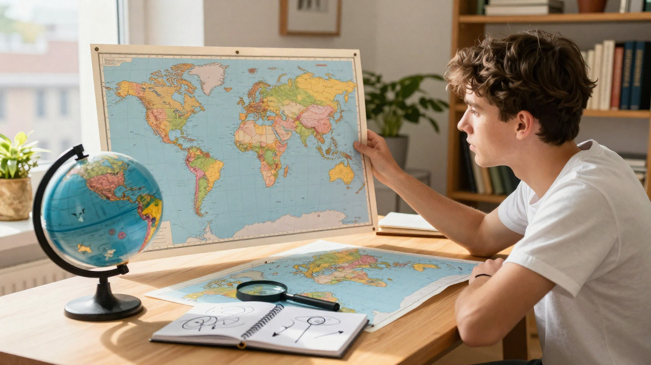 Jovem estuda mapas e globo terrestre numa secretária com lupa e caderno desenhado.