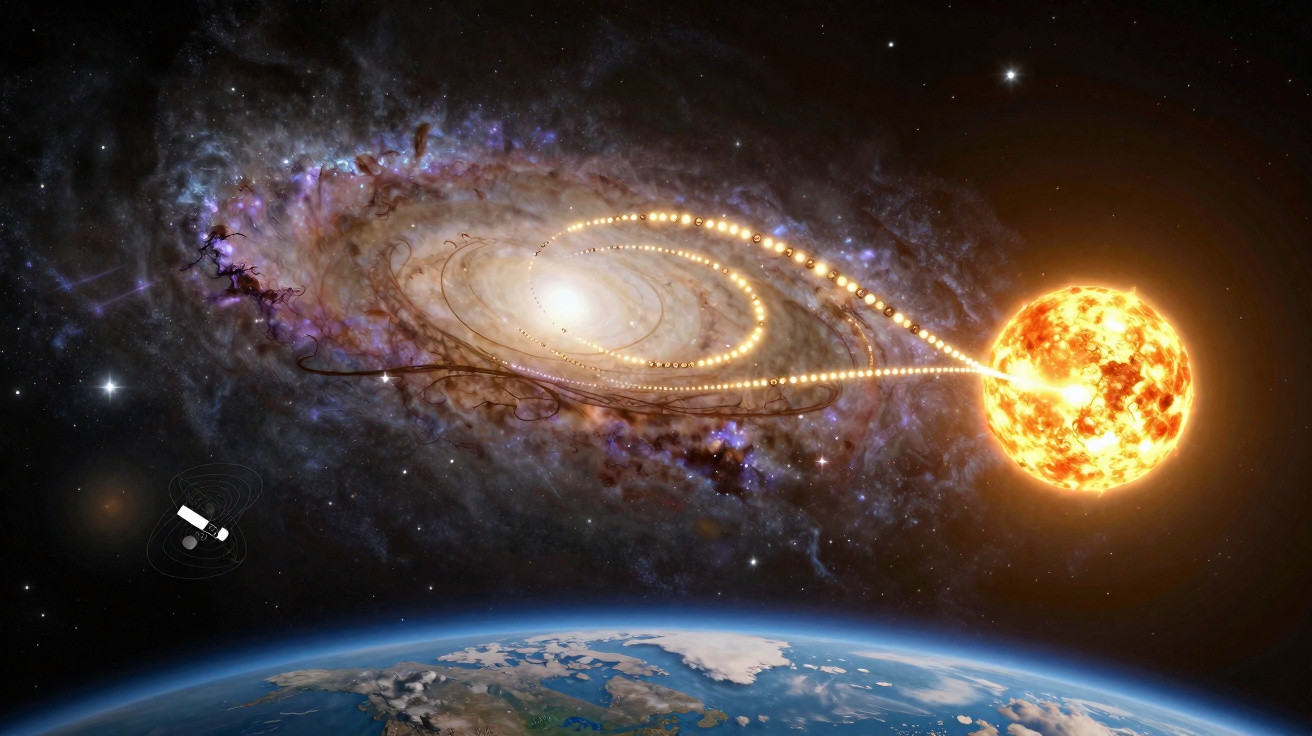 Ilustração do Sol, da Terra e de uma galáxia com trajectória de luz a seguir do Sol ao centro da galáxia.