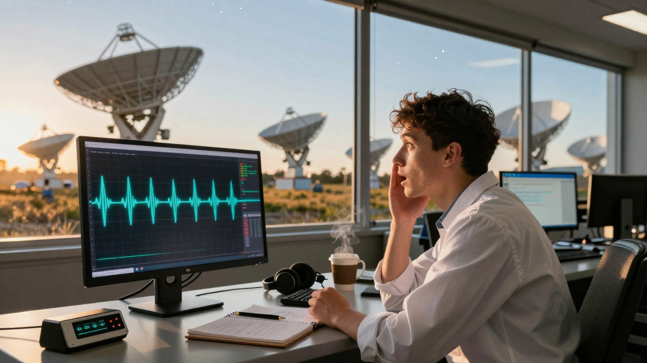 Homem a analisar sinais num monitor com antenas parabólicas visíveis ao pôr do sol através da janela.