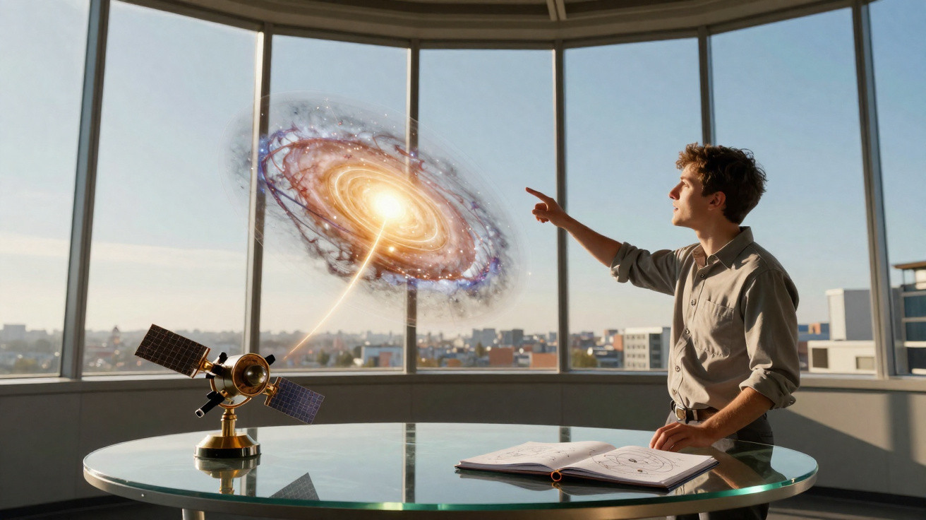 Homem aponta para projeção holográfica de galáxia, com modelo de satélite e livro numa mesa de vidro.