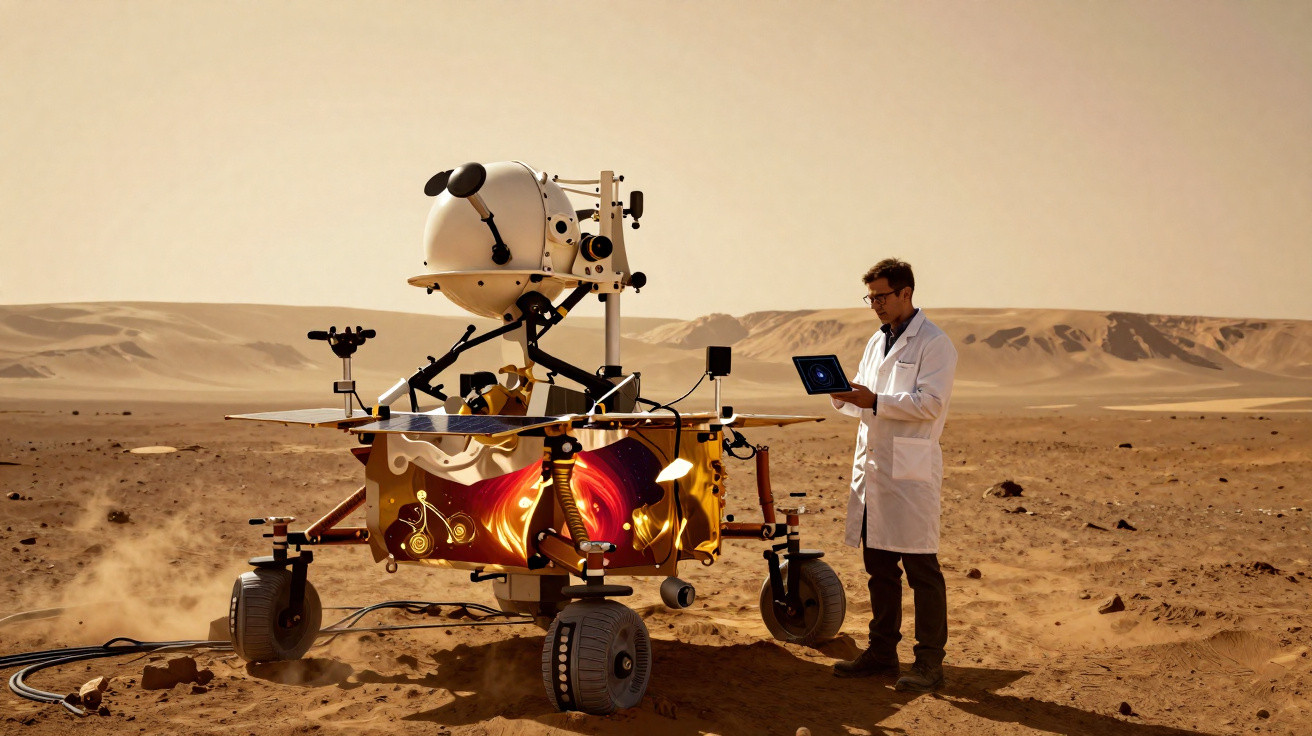 Cientista com bata branca analisa dados num tablet ao lado de rover num deserto árido e rochoso.