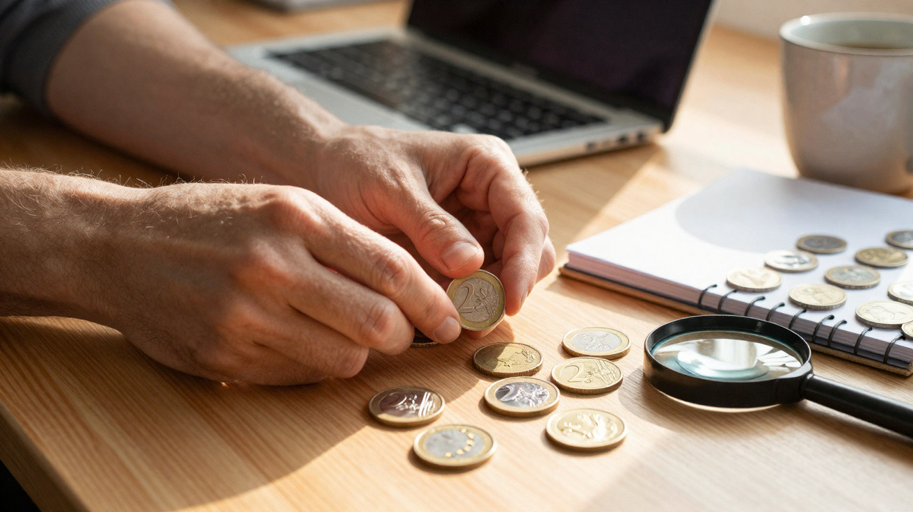 Mãos a contar moedas euro sobre mesa de madeira com computador, caderno, lupa e caneca ao fundo.