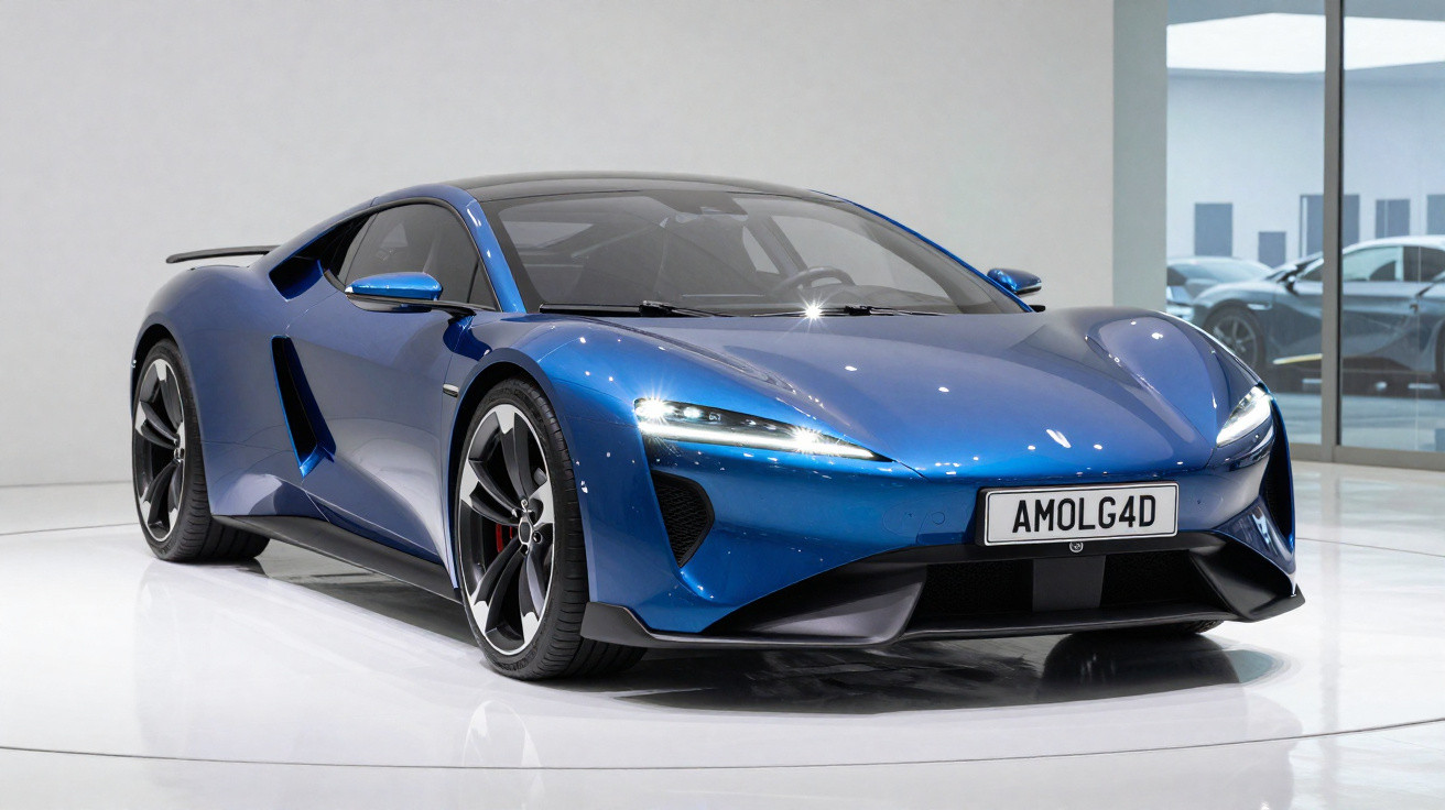 Carro desportivo azul metálico estacionado em interior moderno com jante preta e detalhes aerodinâmicos.