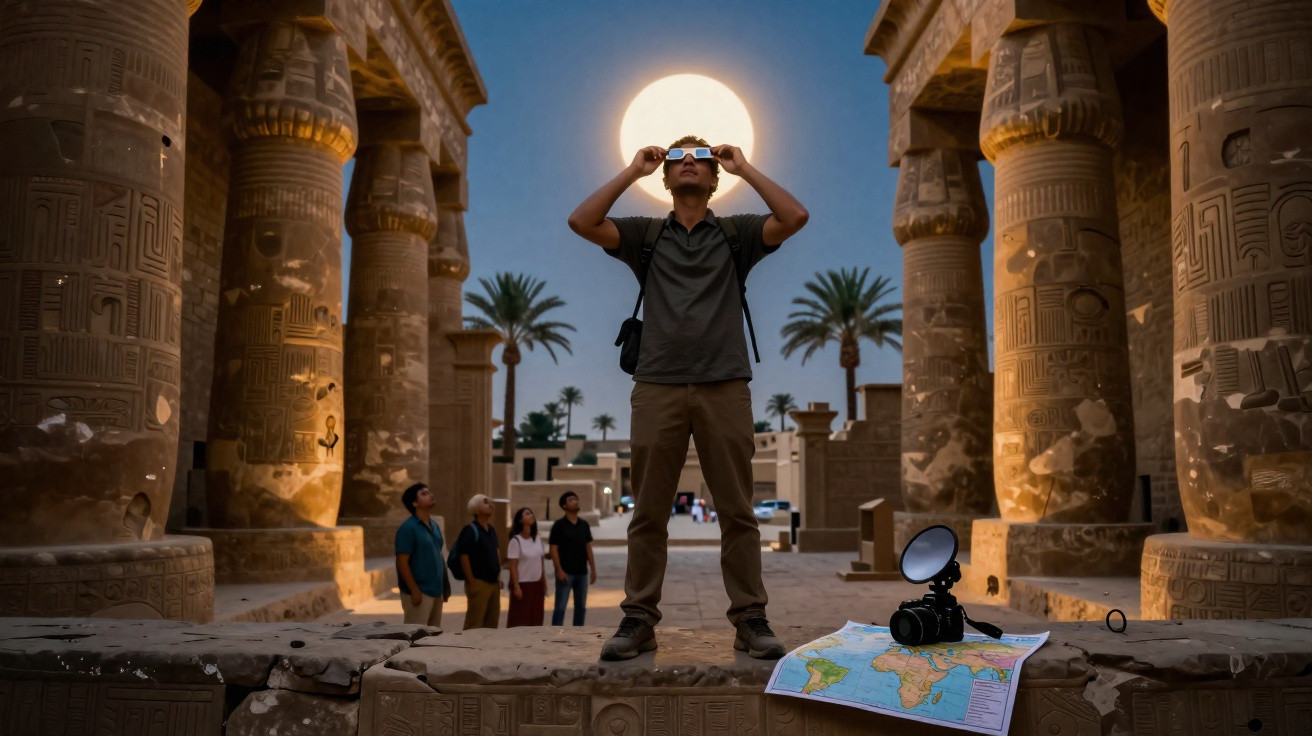 Turista observa o eclipse solar em ruínas de templo antigo, com câmeras e mapa no chão à frente.