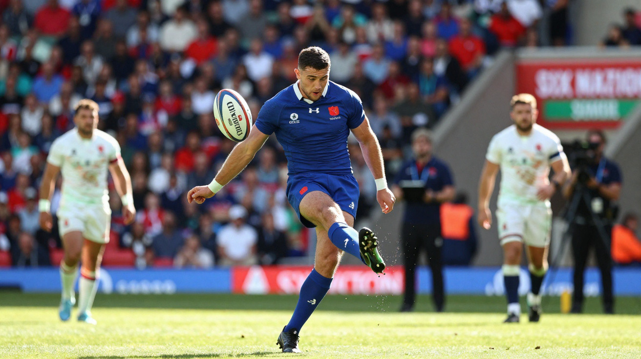 Jogador de rugby em uniforme azul chuta a bola durante jogo com adversários de branco ao fundo.