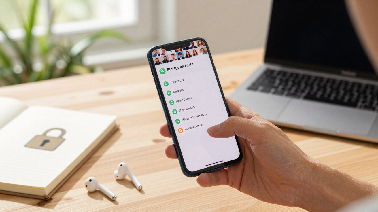Pessoa segura smartphone com lista de opções de armazenamento e dados em vídeo chamada, computador e auriculares na mesa.