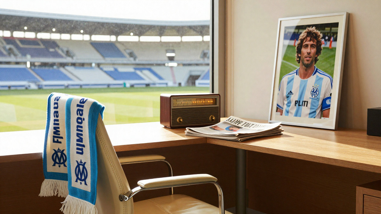 Escritório com vista para estádio de futebol, rádio vintage, jornais, e foto de jogador com camisola azul e branca.
