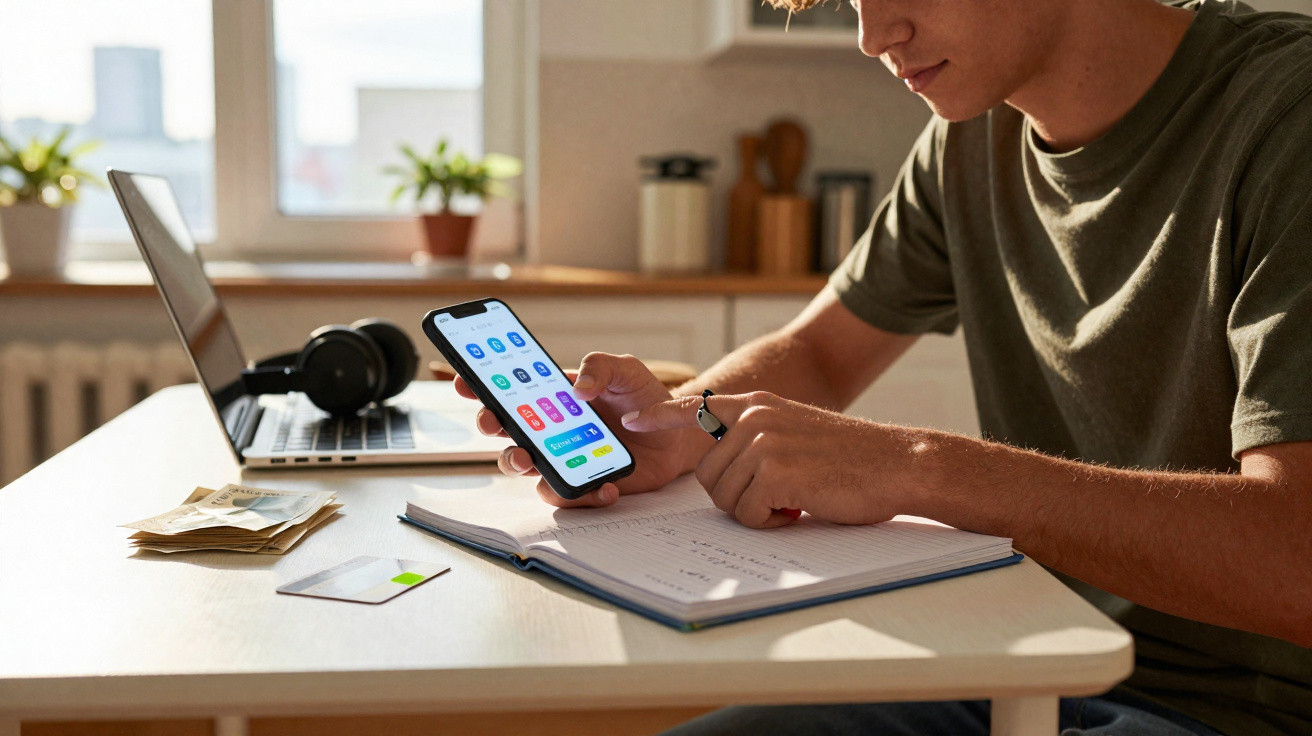 Pessoa a usar telemóvel para controlar finanças, com caderno, cartão, dinheiro e portátil numa mesa branca.