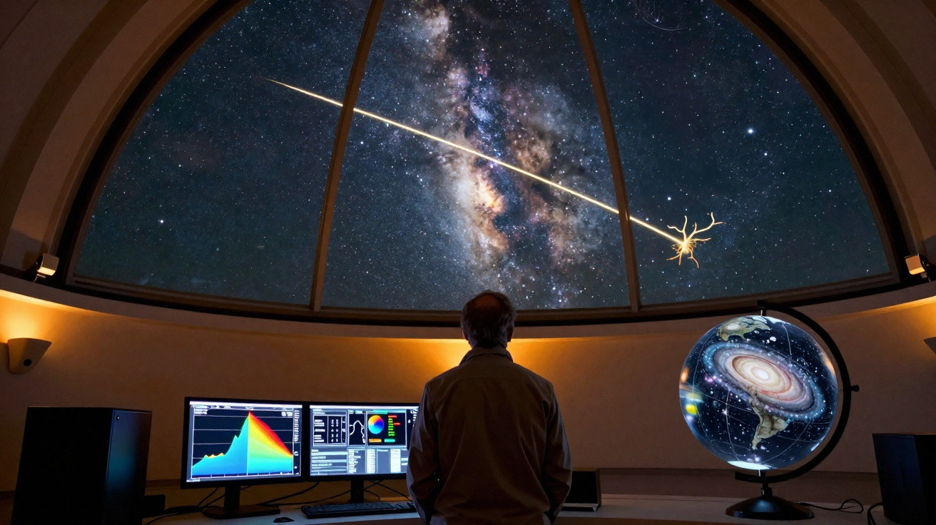 Pessoa observa a Via Láctea e estrelas num observatório com monitores e globo terrestre iluminado.