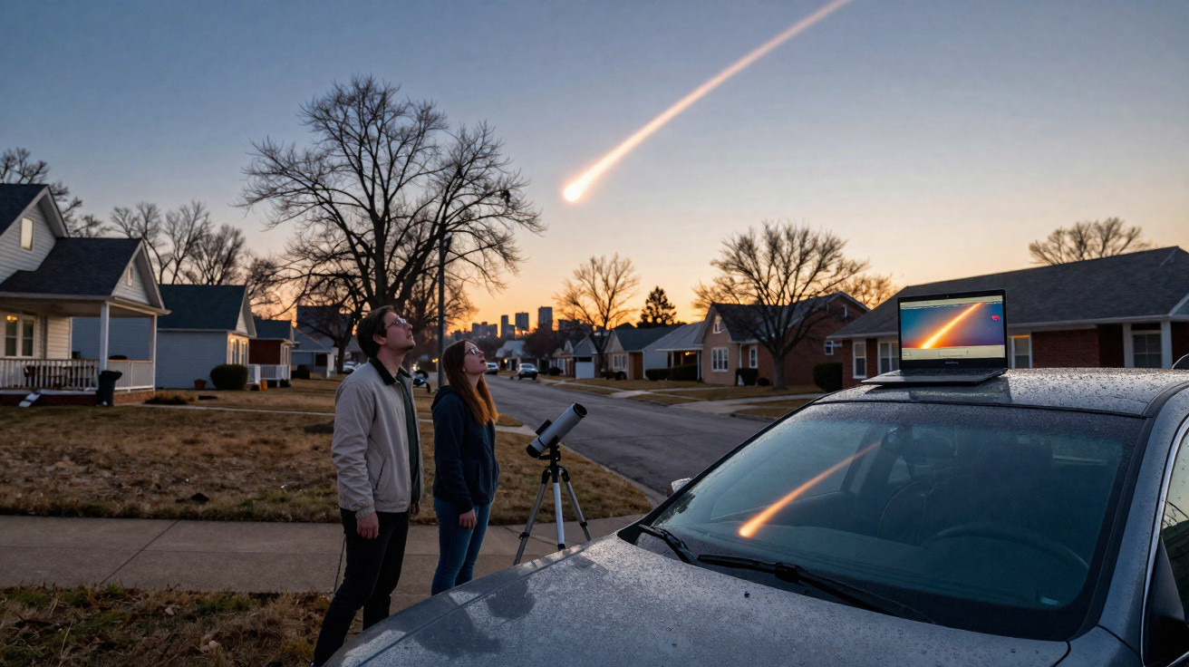 Duas pessoas observam com um telescópio um meteoro a riscar o céu ao entardecer numa zona residencial.