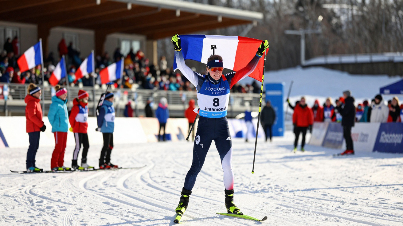 Esquiador celebra a vitória com bandeira francesa numa competição de esqui de fundo na neve.