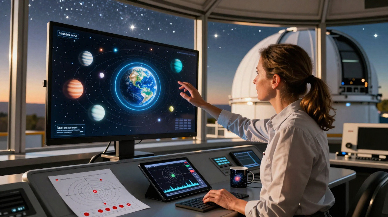 Mulher em centro de controlo espacial observa e interage com ecrã de sistema solar digital à noite.