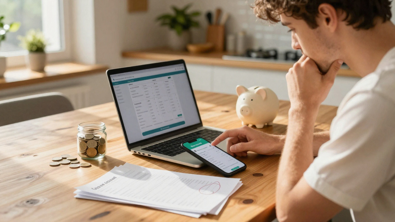 Homem a analisar finanças no telemóvel e computador com mealheiro e documentos numa mesa de madeira.