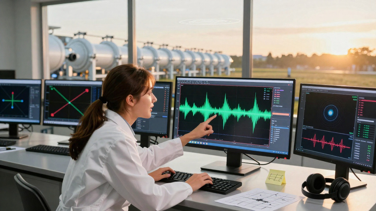 Mulher cientista analisa gráficos de ondas sonoras em múltiplos ecrãs numa sala de controlo moderna.