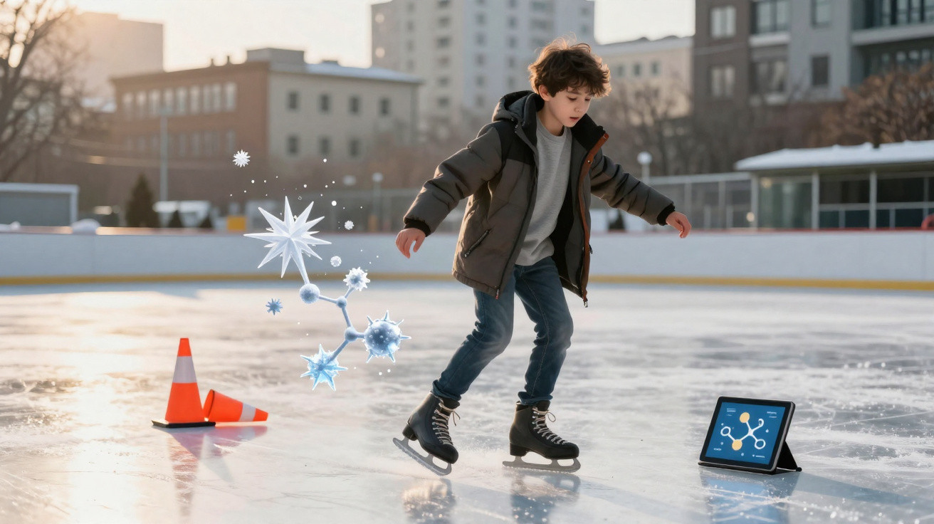 Criança a patinar no gelo ao ar livre, perto de cones laranja e um tablet com gráficos digitais.