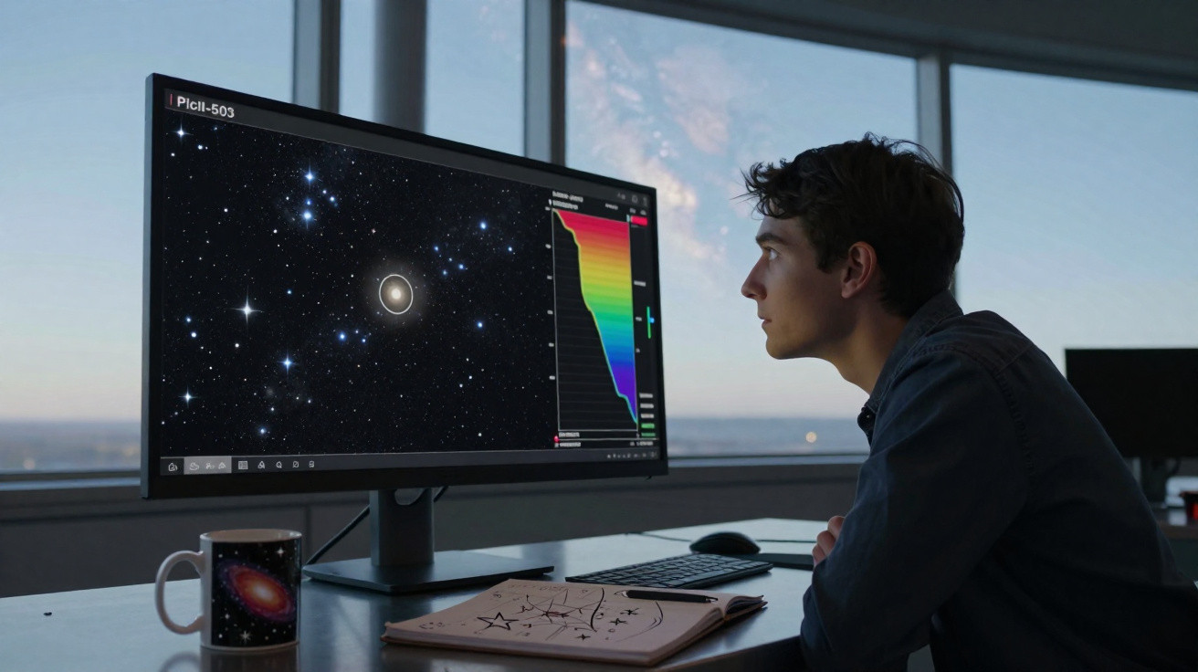 Jovem observa no computador uma imagem do espaço com estrelas e gráficos de dados astronómicos.