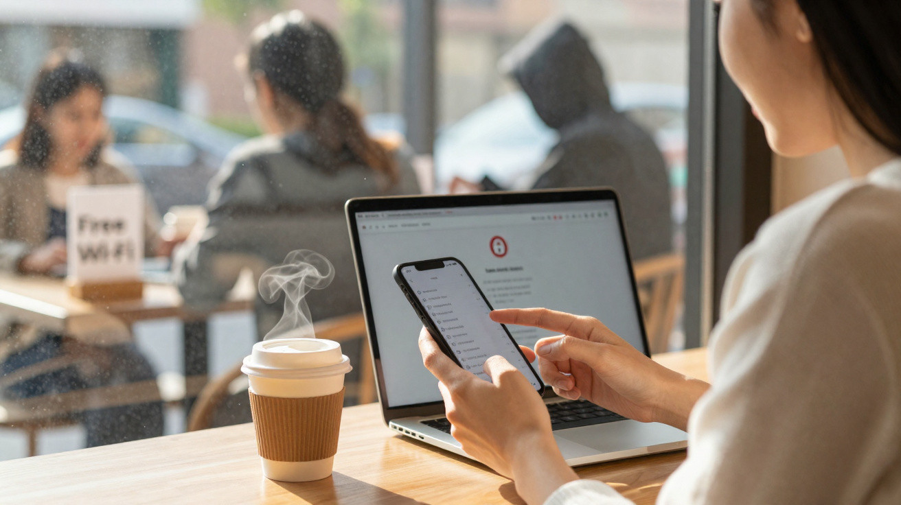 Pessoa num café a usar telemóvel e portátil com chá quente numa mesa, outras pessoas e sinal Wi-Fi ao fundo.