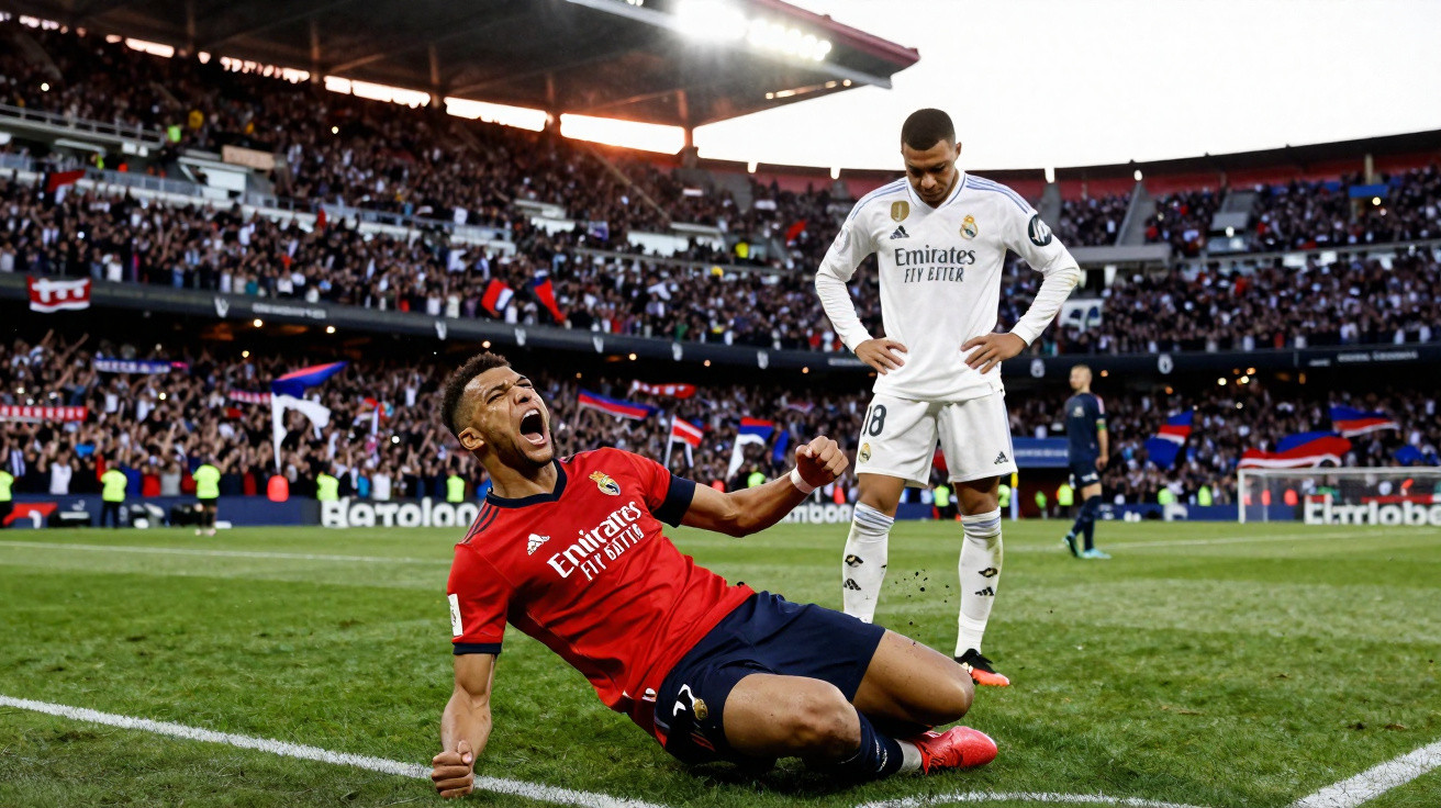 Jogador em uniforme vermelho celebra golo enquanto adversário do Real Madrid observa com mãos na cintura em campo cheio.