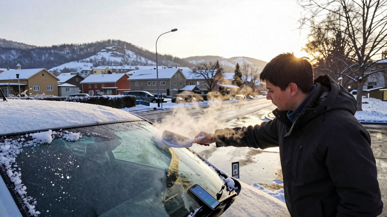 Homem a limpar o gelo do para-brisas de um carro num dia de inverno com neve ao pôr do sol.