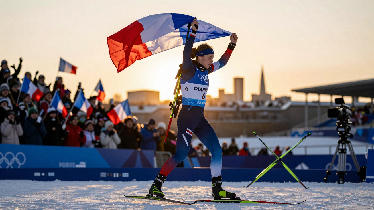 Atleta feminina de esqui celebra vitória segurando bandeira de França com público ao fundo no evento olímpico.