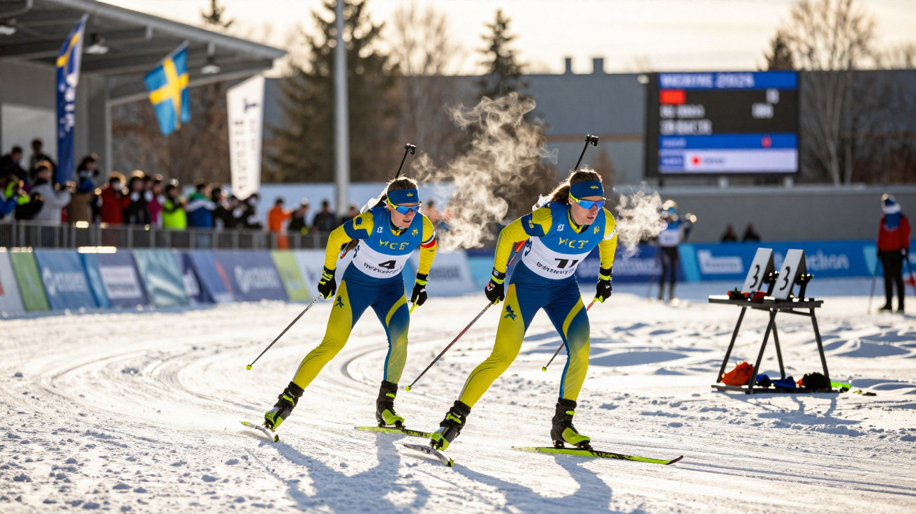 Dois atletas femininas de esqui cross-country da Suécia em competição, com vapor a sair da respiração no ar frio.
