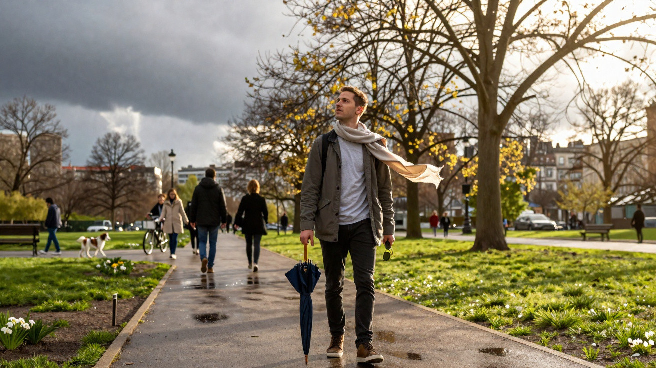 Homem caminha no parque com guarda-chuva fechado, céu nublado e árvores com poucas folhas ao fundo.