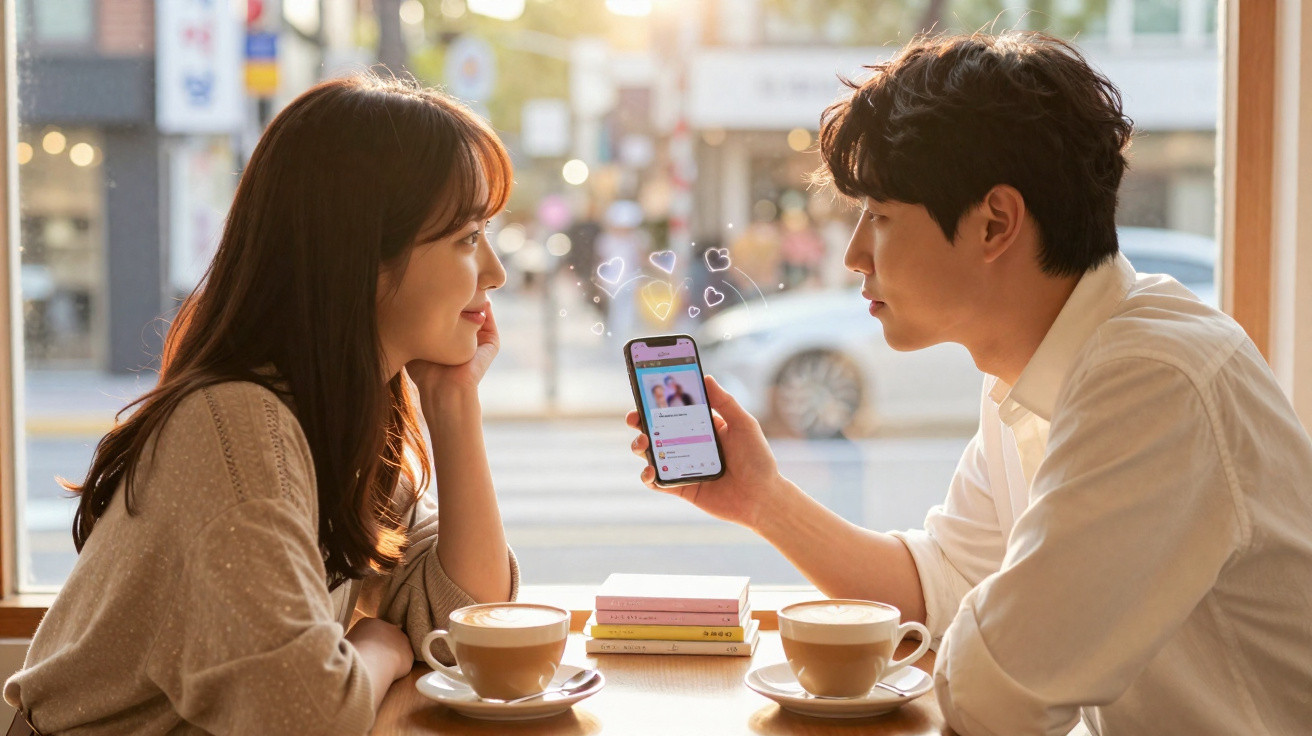Casal jovem a conversar num café, ele mostra algo no telemóvel enquanto ela sorri, ambiente luminoso.