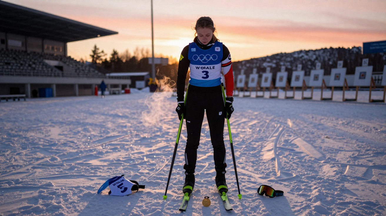 Atleta de esqui cross-country de pé na neve ao pôr do sol com equipamento e respiração visível.