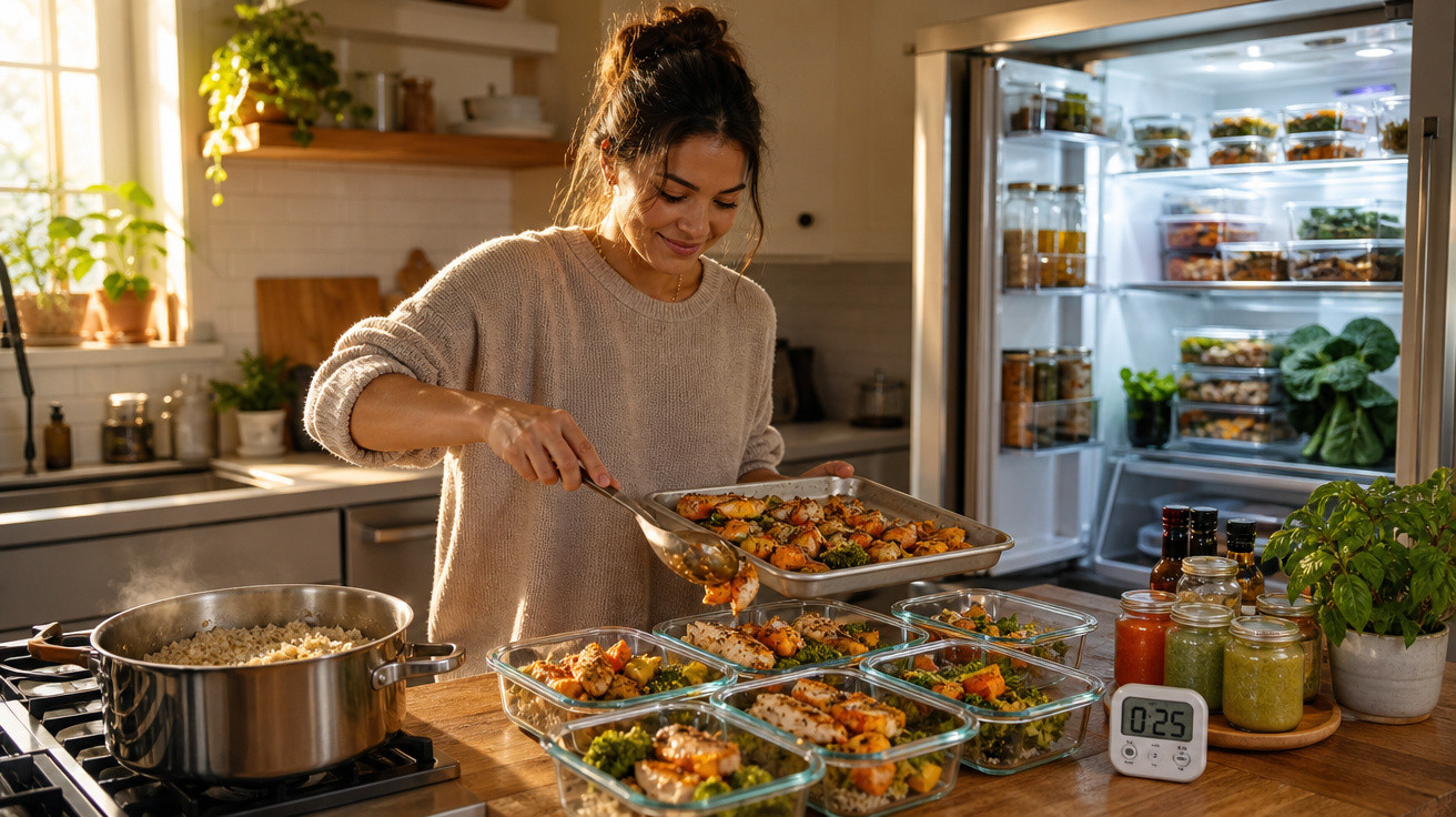 Mulher a preparar refeições saudáveis em recipientes de vidro na cozinha com frigorífico aberto ao fundo.