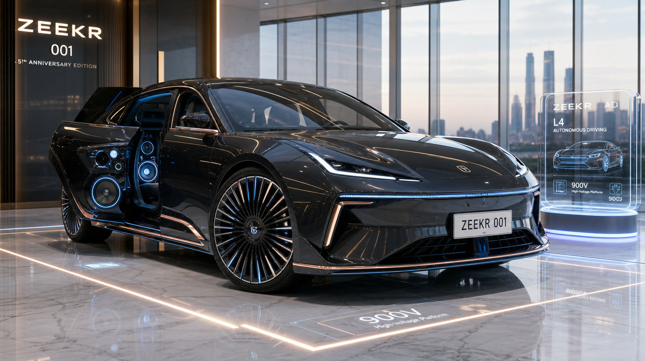 Carro elétrico Zeekr 001 cinzento com porta aberta, exposto em showroom moderno com vista para cidade.
