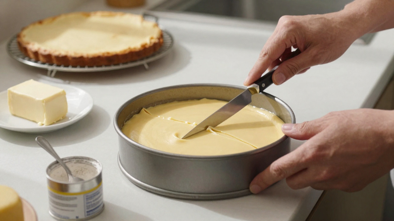 Pessoa a cortar cheesecake cremosa numa forma metálica na cozinha, com ingredientes e outra tarte ao fundo.