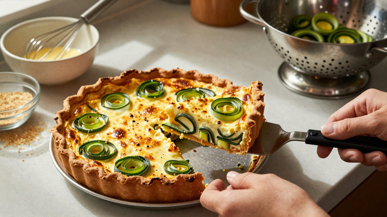 Pessoa a cortar quiche com rodelas de courgette enroladas numa bancada de cozinha clara.