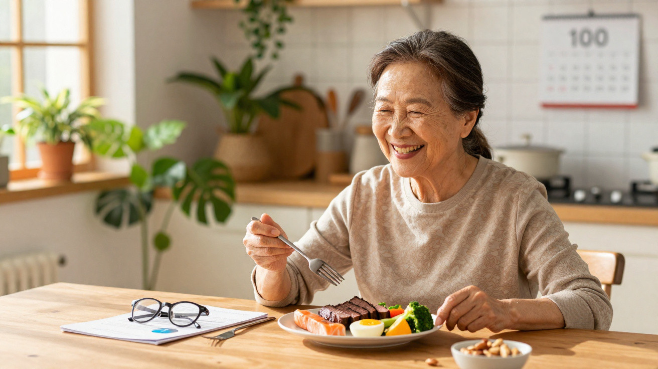 Mulher idosa sorridente a comer uma refeição saudável sentada à mesa numa cozinha luminosa.