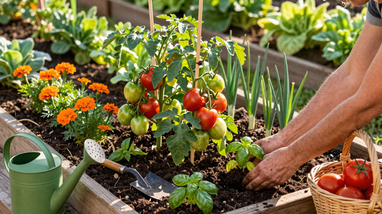 Horta com pés de tomate, flores e ervas aromáticas, e alguém a cuidar dos pés de manjericão.