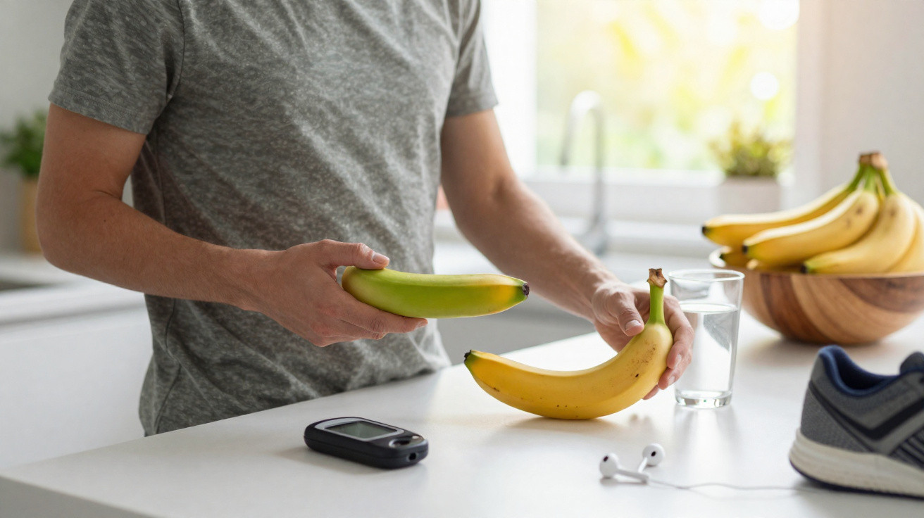 Pessoa compara um banana verde e uma banana madura numa cozinha moderna, com monitor de glicose e copo de água.