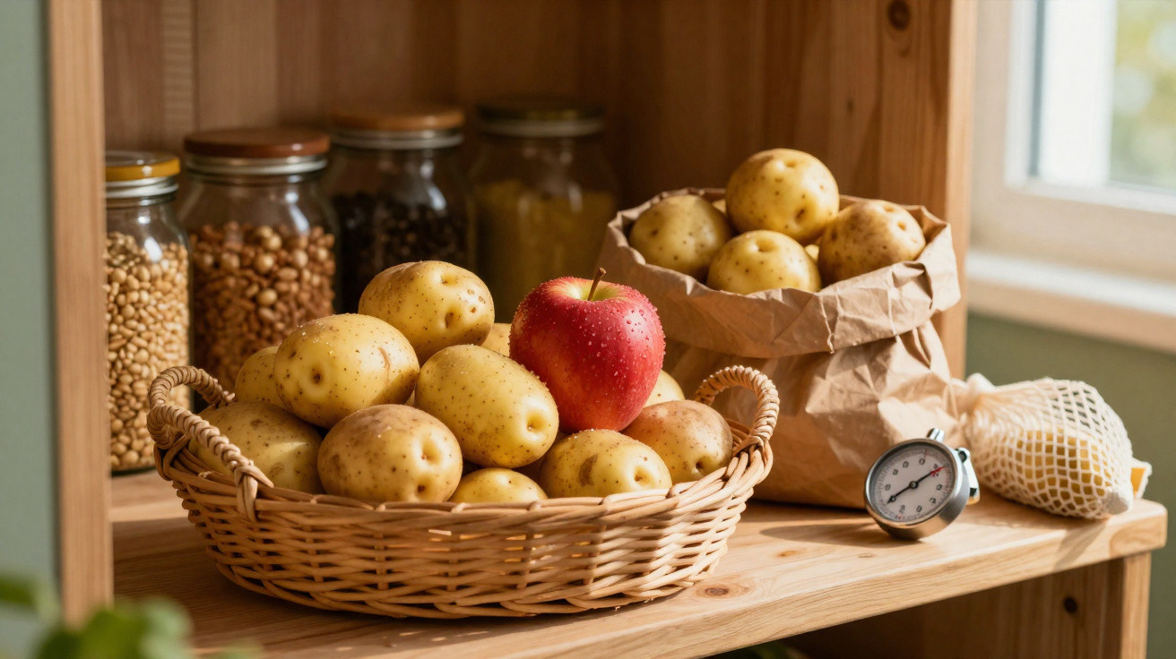 Cestos de batatas e uma maçã vermelha numa prateleira de madeira com frascos e relógio analógico.