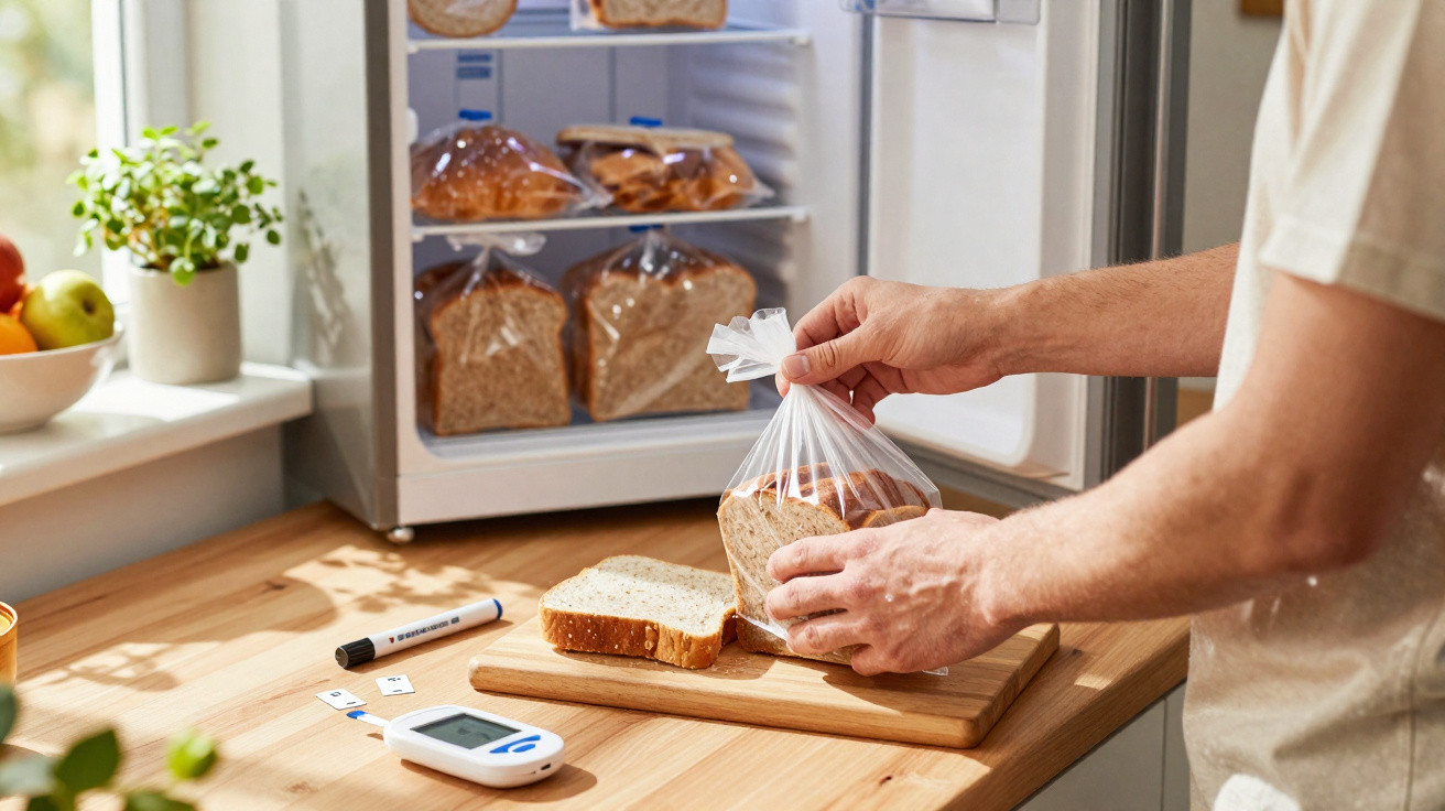 Pessoa a guardar pão fatiado em saco plástico junto a medidor de glicemia numa cozinha luminosa.