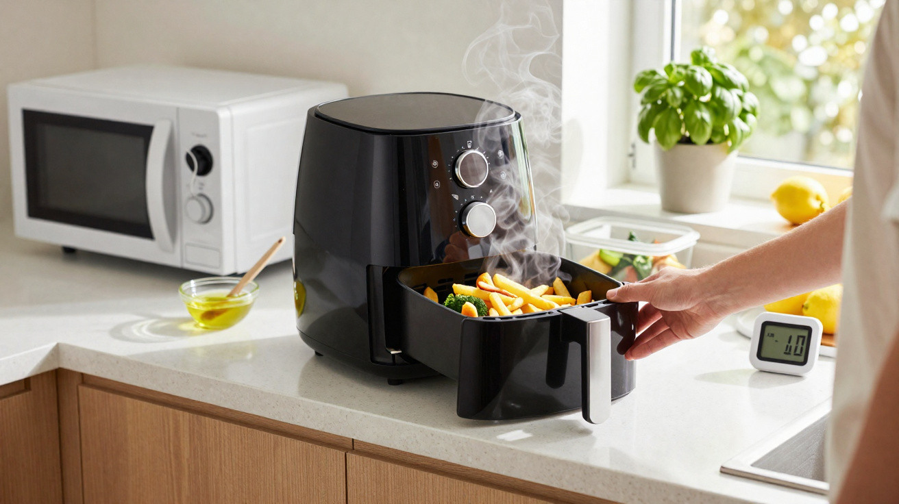 Pessoa a retirar batatas fritas e legumes quentes de uma fritadeira sem óleo numa cozinha moderna.