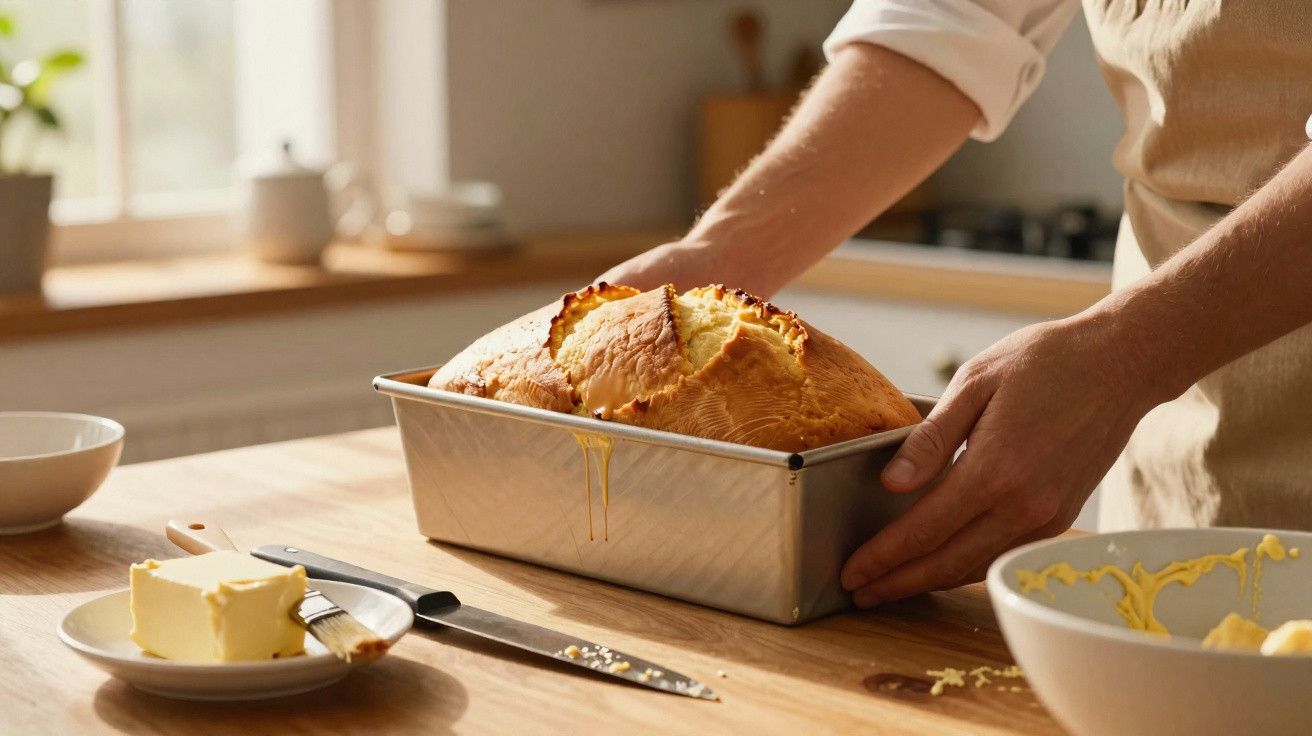 Pessoa a retirar pão caseiro acabado de sair do forno numa cozinha iluminada.
