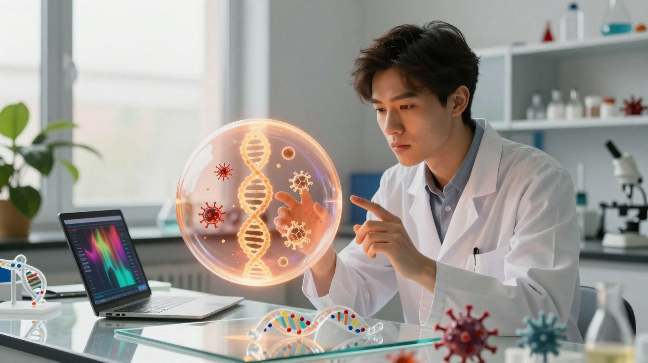 Cientista em laboratório a analisar holograma de DNA e vírus enquanto trabalha num computador portátil.