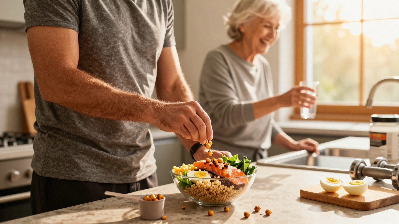 Homem a temperar salada com grão-de-bico, mulher idosa sorridente segurando copo na cozinha luminosa.