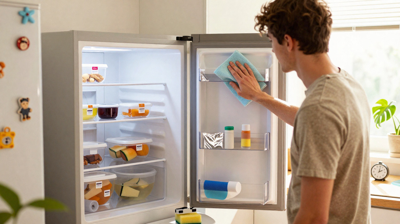 Homem a limpar o interior da porta do frigorífico aberto numa cozinha iluminada.