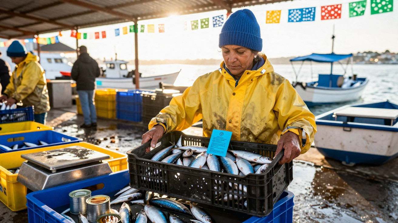 Mulher com roupa de pesca a organizar caixas de peixe fresco num mercado junto ao mar ao pôr do sol.