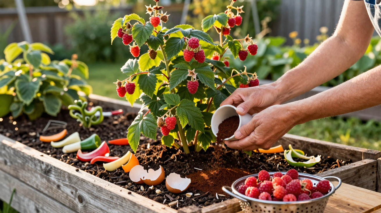 Pessoa a fertilizar planta de framboesas num canteiro elevado com resíduos de comida e framboesas frescas ao lado.